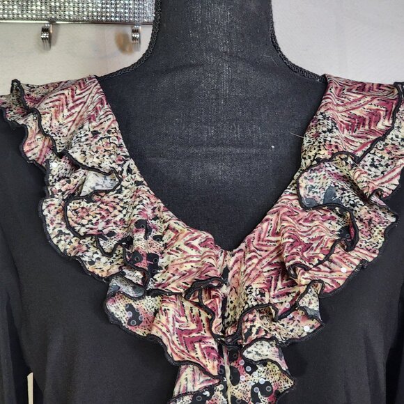 Jaipur Y2K Black Maroon Black Tan Animal Print Ruffle Neck Sequin LS Top Size XL - Picture 5 of 16